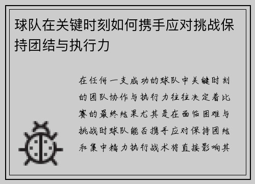 球队在关键时刻如何携手应对挑战保持团结与执行力